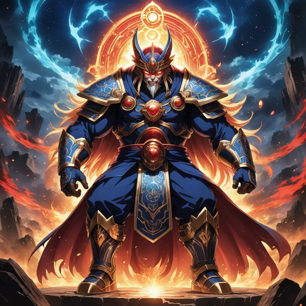 a character in a blue and gold outfit standing in front of a fire and sky background with a halo, altermodern, a detailed painting, Du Jin, magic the gathering artwork