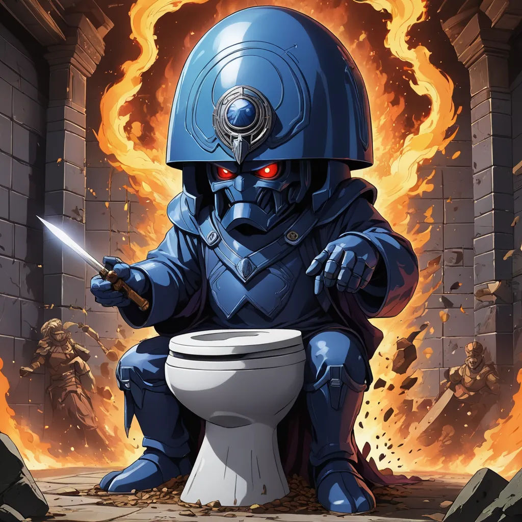 a cartoon character sitting on a toilet with a sword in his hand and a fire behind him, with a brick wall and a fire behind him, altermodern, a character portrait, Chris LaBrooy, official art