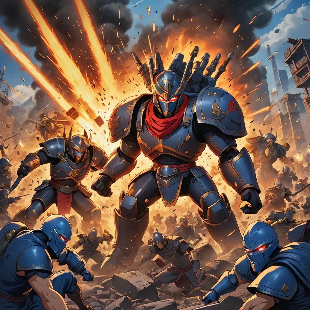 a painting of a giant robot attacking a group of men in a city with buildings in the background and a sky filled with clouds, antipodeans, concept art, Clint Cearley, gloomhaven