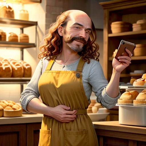 a man with long hair and a beard holding a cell phone in a bakery shop with a lot of bread on shelves