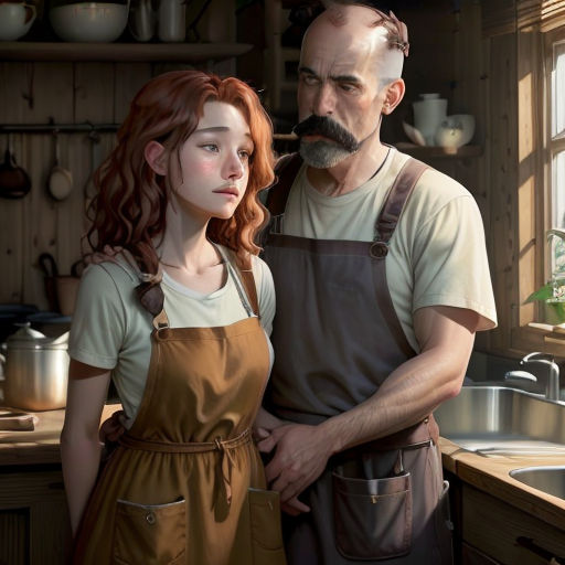 a man and a woman standing in a kitchen next to each other, one of them is holding a knife