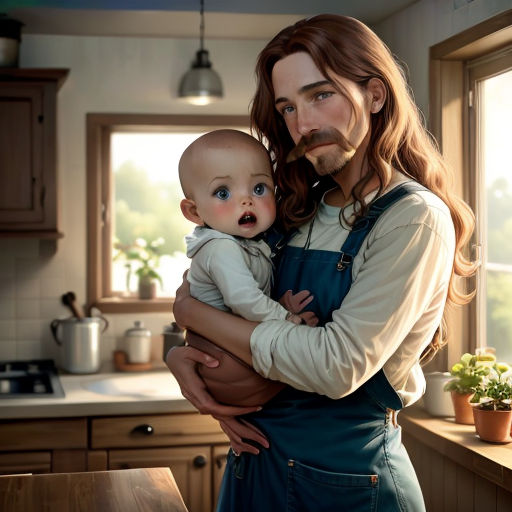 a man holding a baby in a kitchen with a potted plant in the background and a potted plant in the foreground