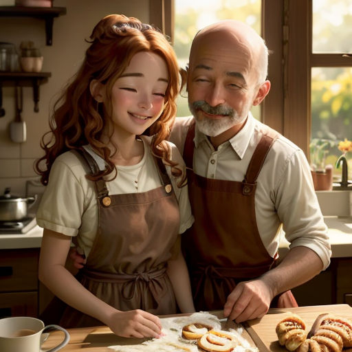 a man and a woman are standing in front of a cutting board with cookies on it and a cup of coffee