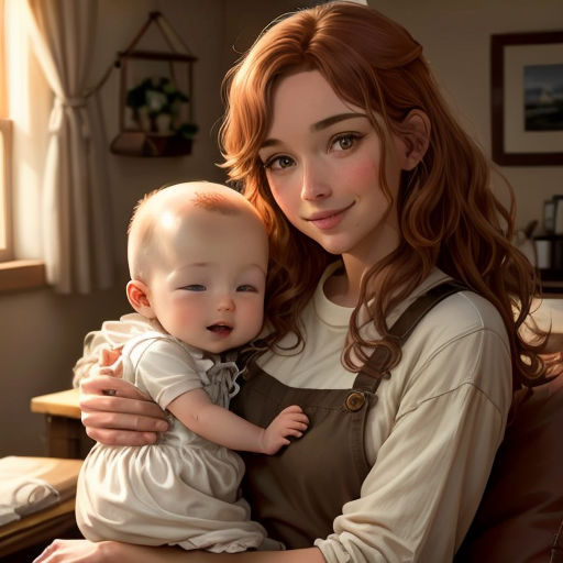 a woman holding a baby in her arms in a living room with a window behind her and a table with a lamp on it