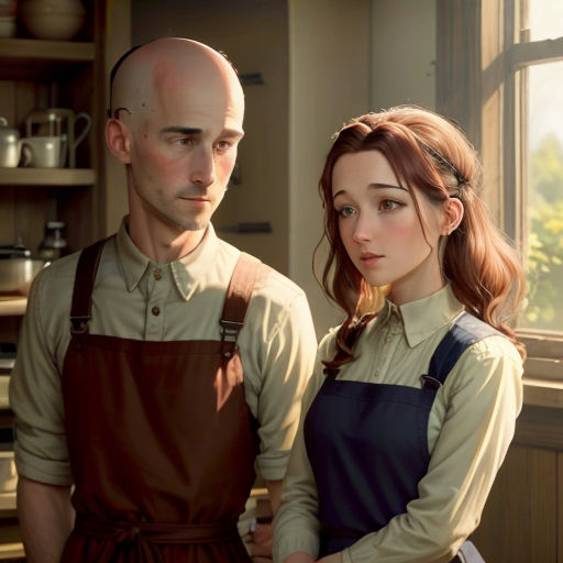 a man and a woman standing next to each other in a kitchen with a window behind them and a pot on the counter