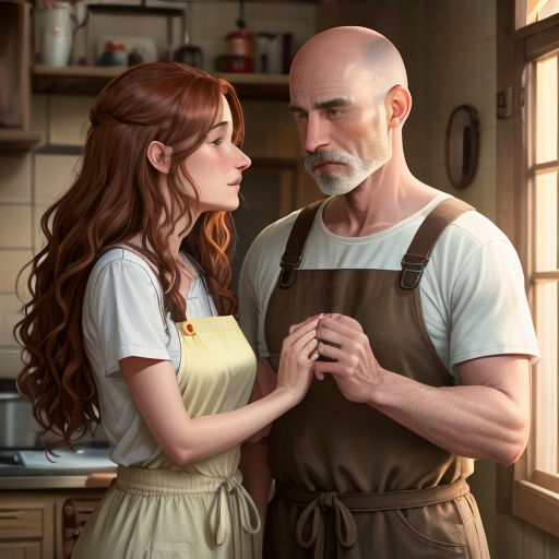 a man and a woman standing next to each other in a kitchen together, looking at each other's hands