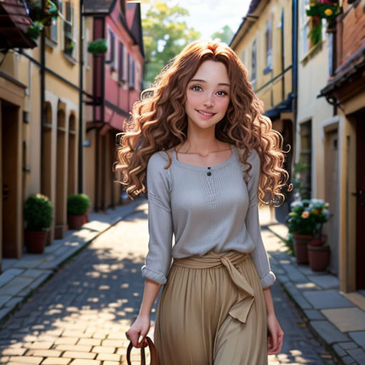 a woman with long hair is walking down a street with a suitcase and a handbag in her hand