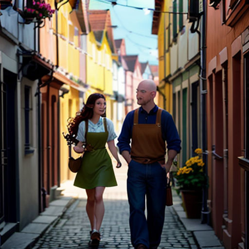a man and woman walking down a narrow street in a city with colorful buildings on either side of them