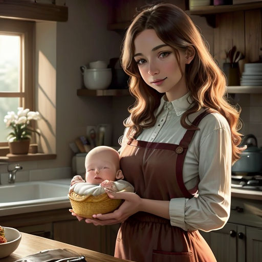 a woman holding a baby in a basket in a kitchen next to a sink and a stove top oven