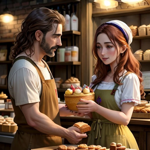 a man and a woman are standing in a bakery holding a basket of food and a basket of pastries