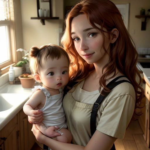 a woman holding a baby in a kitchen next to a sink and a window with a potted plant