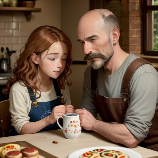 a man and a little girl sitting at a table with a plate of food and a cup of coffee
