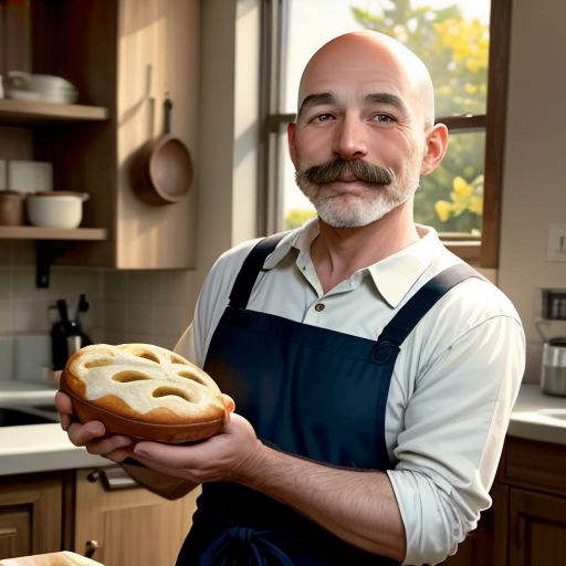 a man holding a large pastry in a kitchen with a window behind him and a pot of food in the background