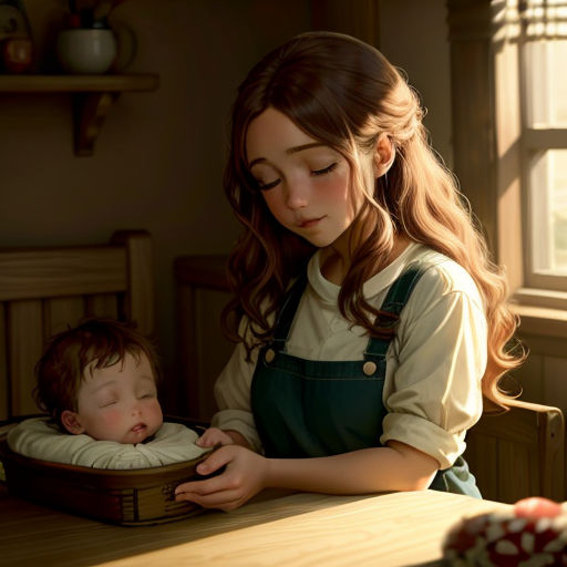 a woman holding a baby in a basket on a table next to a window with a sun shining through