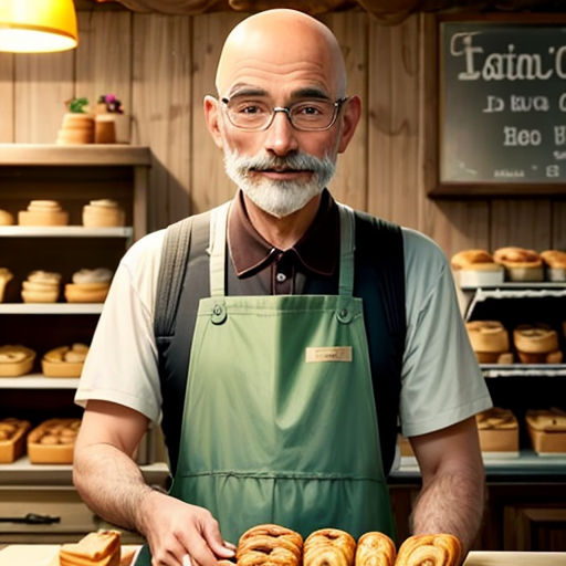 a man with a beard and glasses is holding a tray of donuts in front of a bakery counter