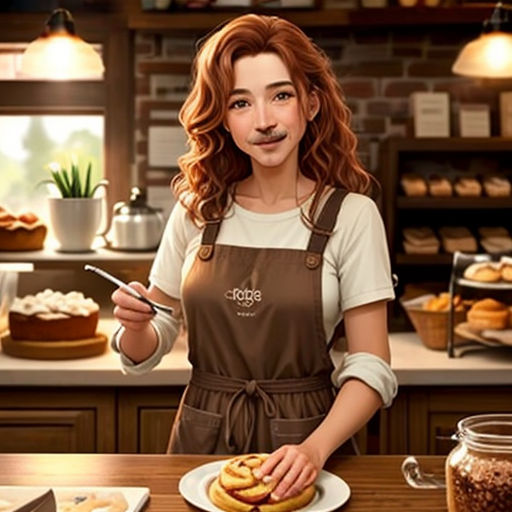 a woman holding a knife and a plate of food in front of a counter with pastries on it