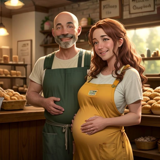 a pregnant woman standing next to a man in a bakery shop with a large amount of bread on display
