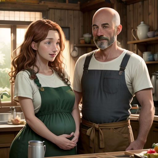 a man and a woman standing in a kitchen together, one of them is pregnant and the other is holding a baby