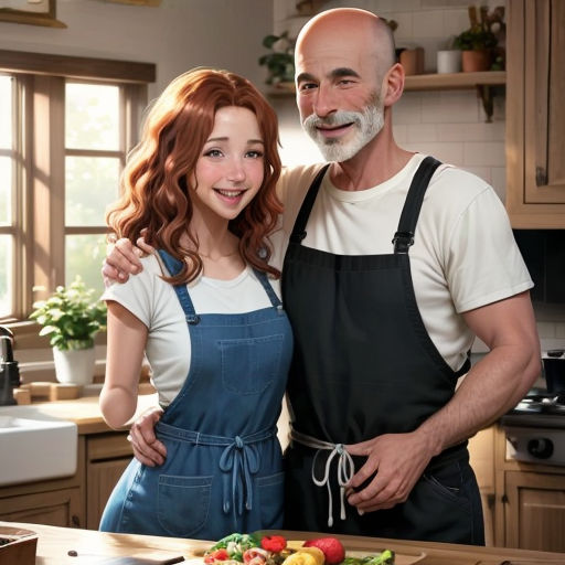 a man and a woman standing in a kitchen with a cutting board of vegetables on the counter top and a knife in the other hand
