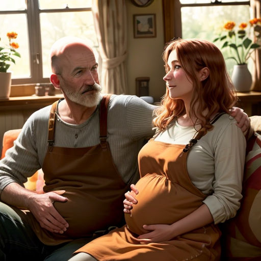 a pregnant woman sitting next to a man on a couch in a living room with sun shining through the window