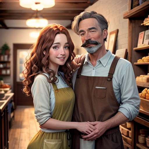 a man and a woman standing in a bakery with a fake mustache on their heads and a fake mustache on their head