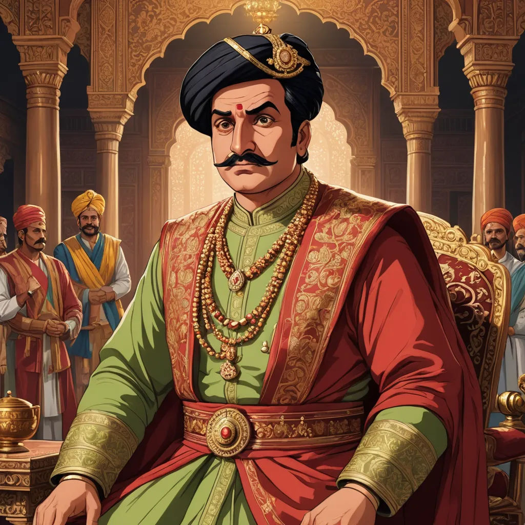 a man in a green and red outfit sitting in a chair with other men in the background wearing turbans, samikshavad, a detailed painting, Bholekar Srihari, jayison devadas
