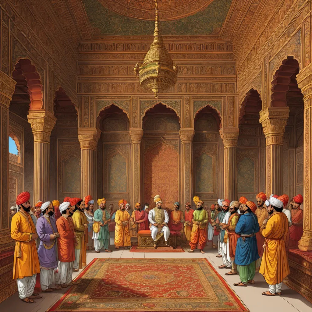 a painting of a group of people standing in a room with a rug on the floor and a chandelier hanging from the ceiling, qajar art, a detailed painting, Abdur Rahman Chughtai, orientalism