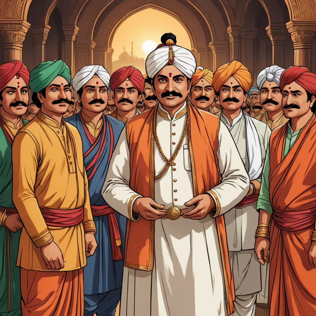a man in a turban standing in front of a group of men in indian garb and turbans, samikshavad, a storybook illustration, Bholekar Srihari, official art
