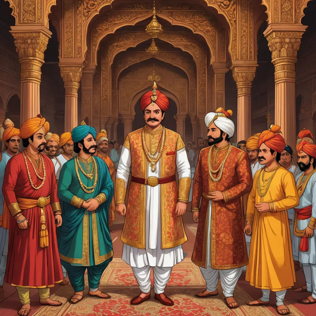 a painting of a man in a golden outfit surrounded by other men in colorful outfits and turbans, samikshavad, a detailed painting, Bholekar Srihari, official art