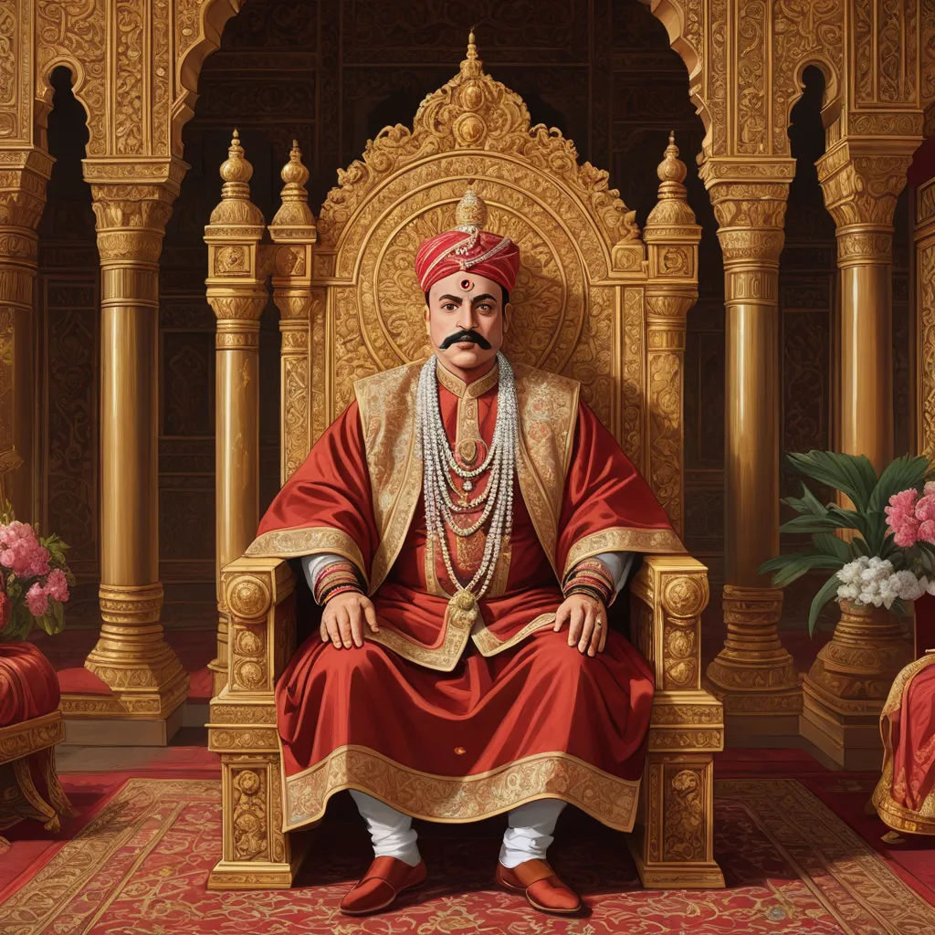 a painting of a man sitting on a throne in a room with red carpet and gold decorations and a red and white rug, samikshavad, a detailed painting, Bholekar Srihari, highly detailed digital painting