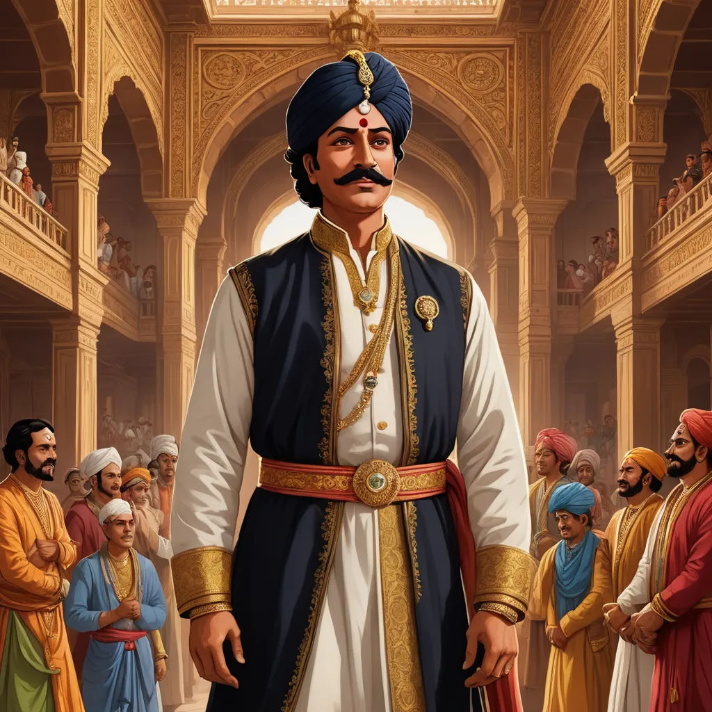 a man in a turban standing in front of a group of people in a palace like setting, samikshavad, a detailed painting, Bholekar Srihari, official art