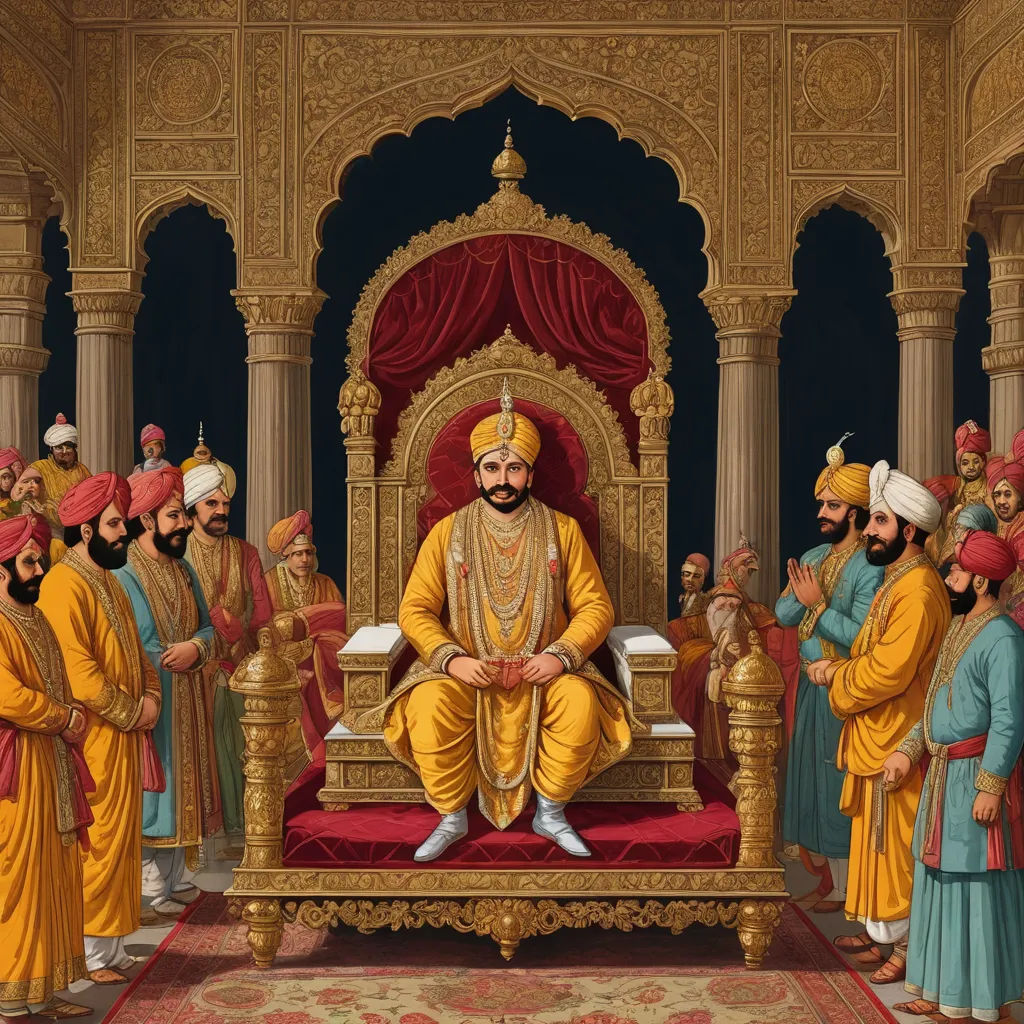 a painting of a man sitting on a throne surrounded by other men in yellow and blue outfits and turbans, samikshavad, a detailed painting, Bholekar Srihari, highly detailed digital painting
