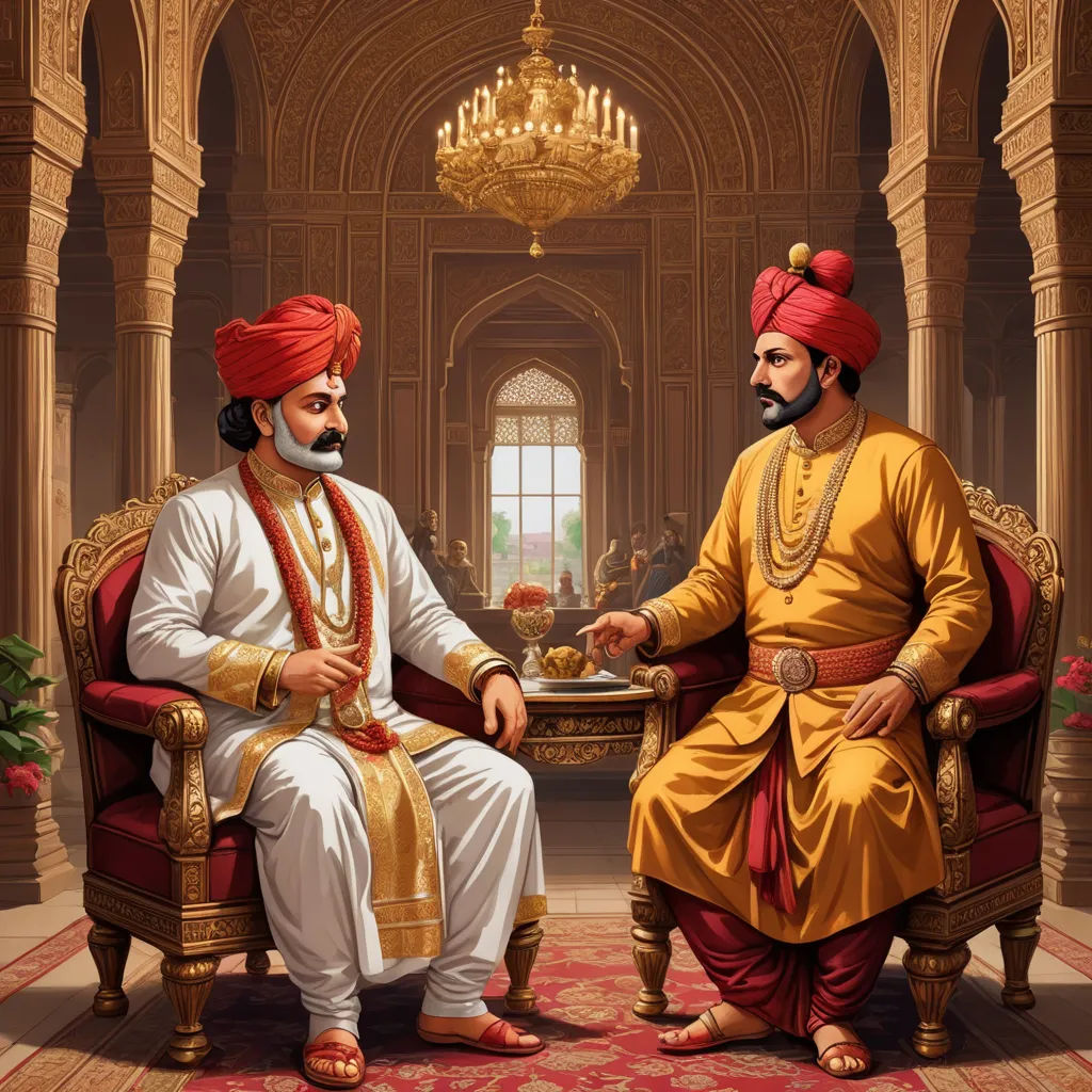 a painting of two men sitting in chairs talking to each other in a room with chandeliers and chandeliers, samikshavad, a detailed painting, Bholekar Srihari, classical painting