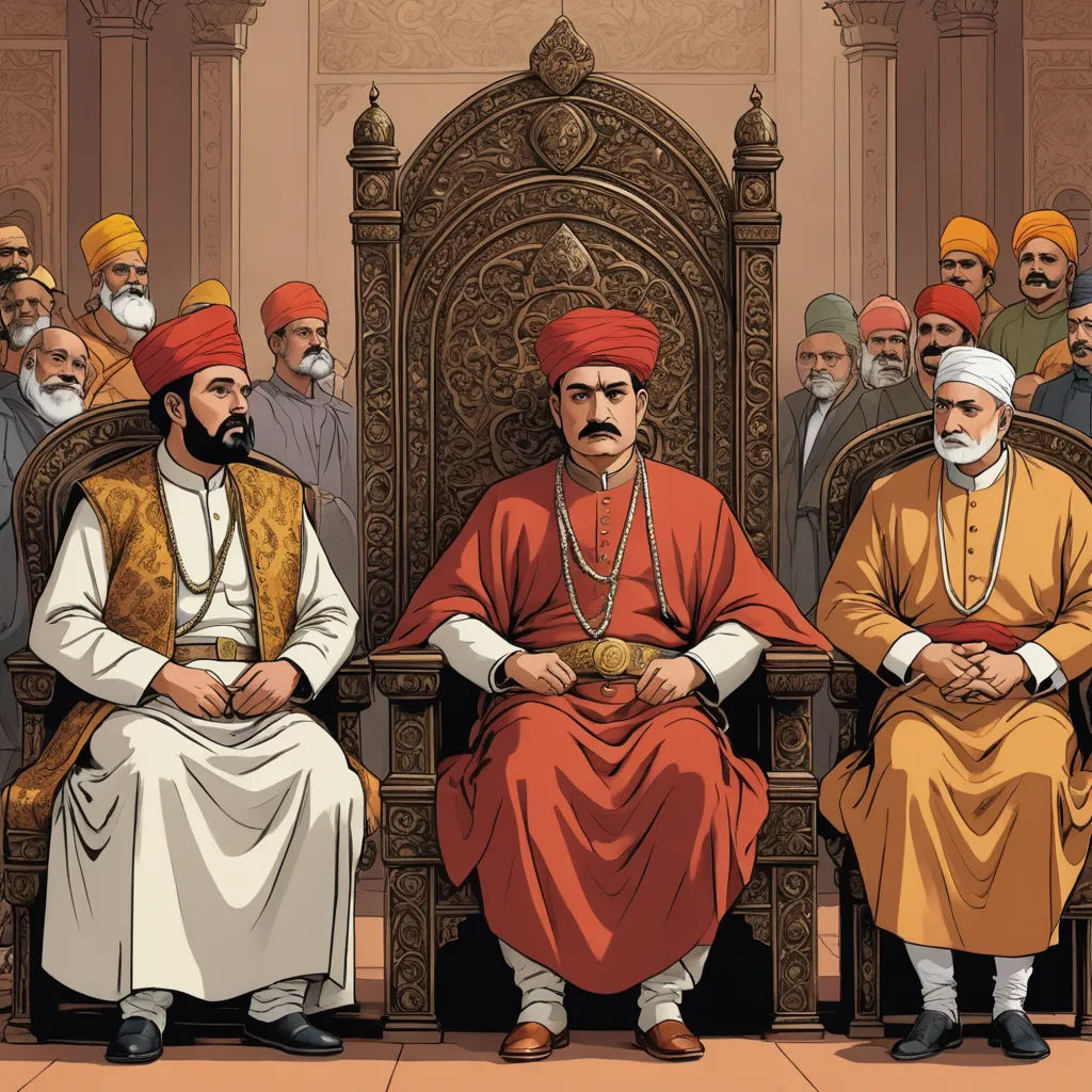 a group of men sitting next to each other on a bench in front of a crowd of people wearing turbans, samikshavad, a comic book panel, Altoon Sultan, official art