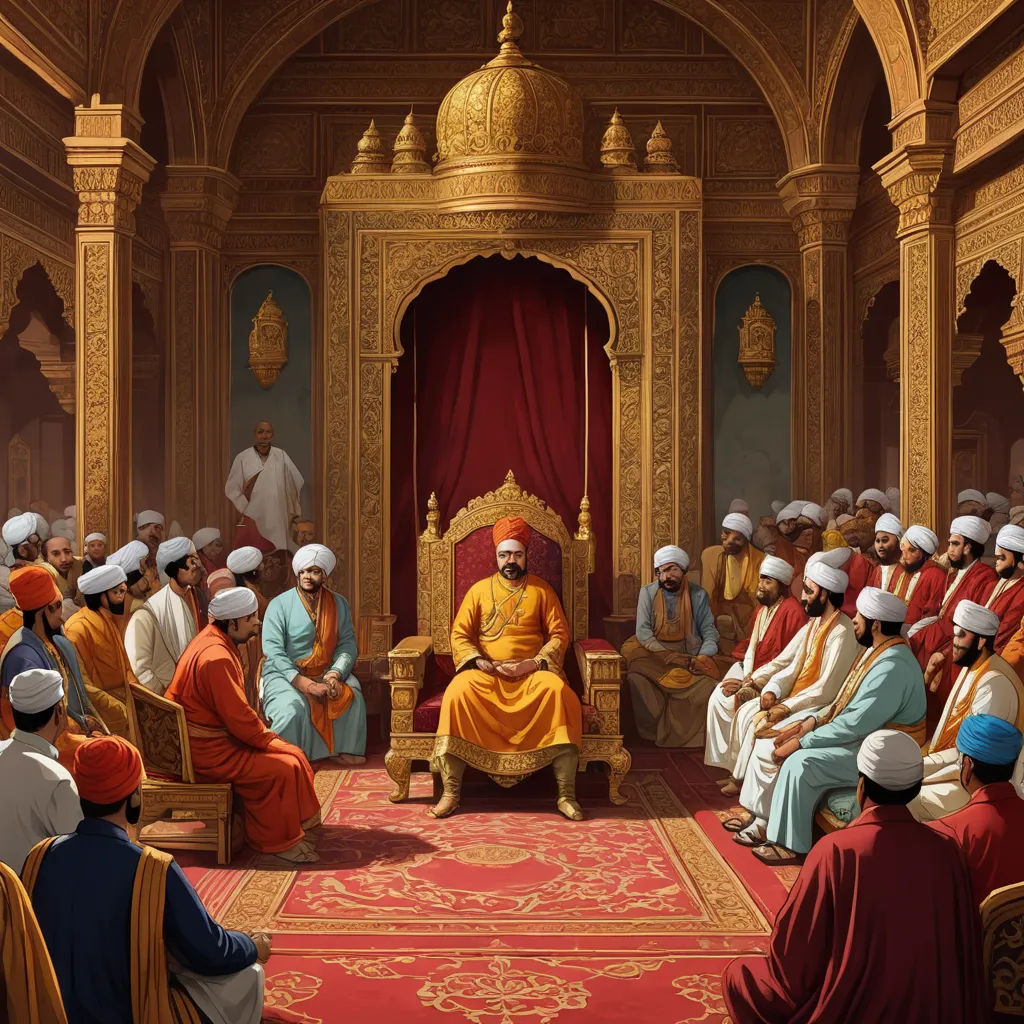 a painting of a man sitting in a throne surrounded by other men in robes and turbans, in a large room, unilalianism, a detailed matte painting, Altoon Sultan, highly detailed digital painting