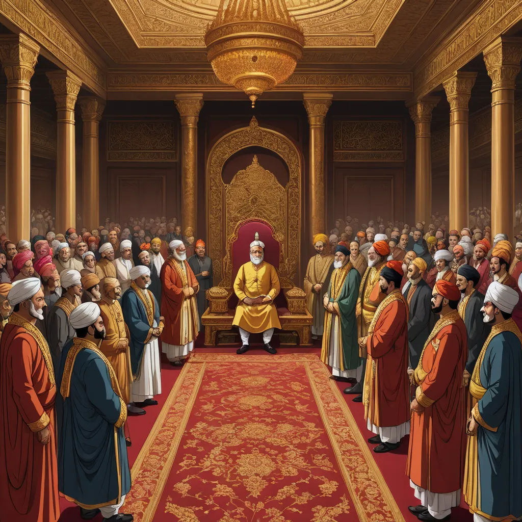 a painting of a man sitting in a throne surrounded by other men in robes and turbans, in a large room with a red carpet, qajar art, a detailed painting, Altoon Sultan, highly detailed digital painting