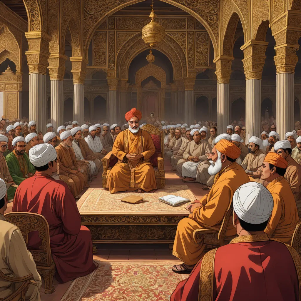 a painting of a man sitting at a table in front of a group of people in orange robes and turbans, unilalianism, a detailed painting, Amir Zand, highly detailed digital painting