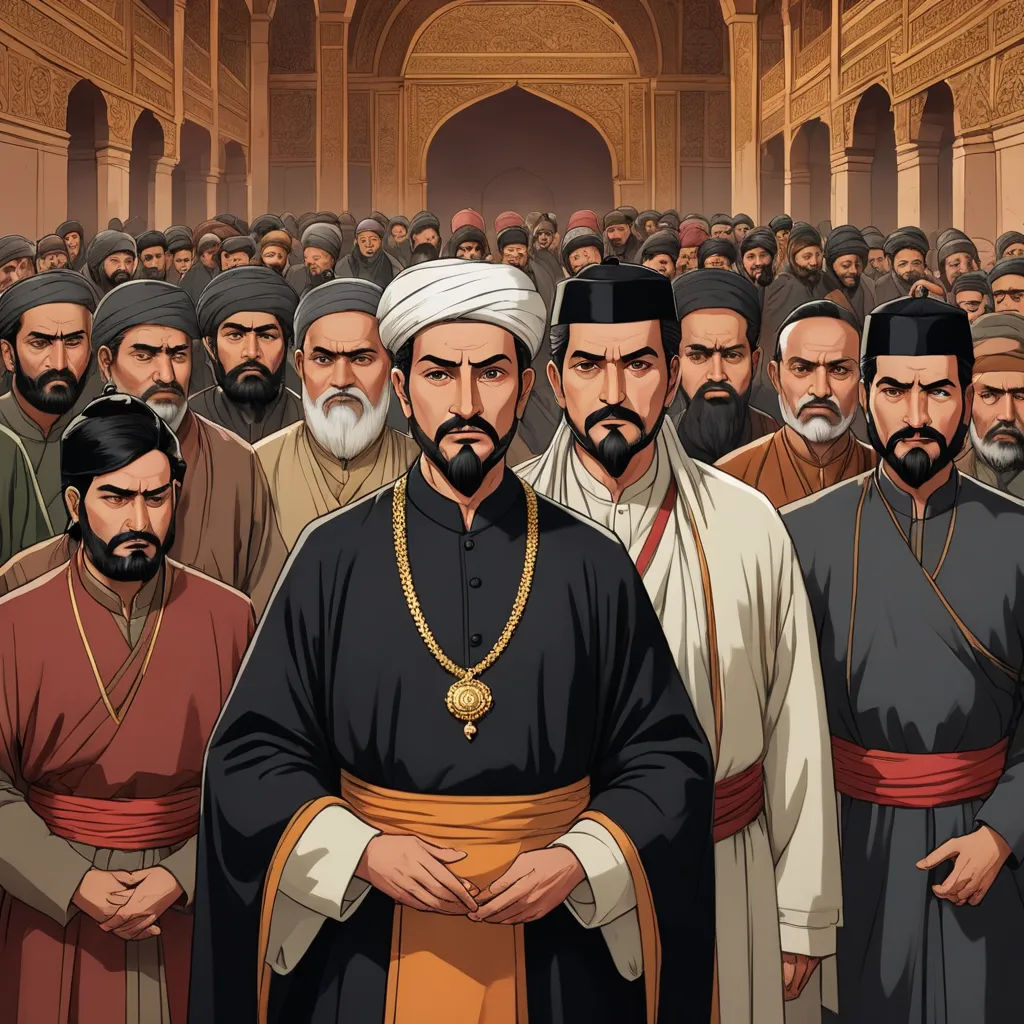 a group of men standing in a line with a priest in the background and a third man in the middle, qajar art, a detailed drawing, Altoon Sultan, official art