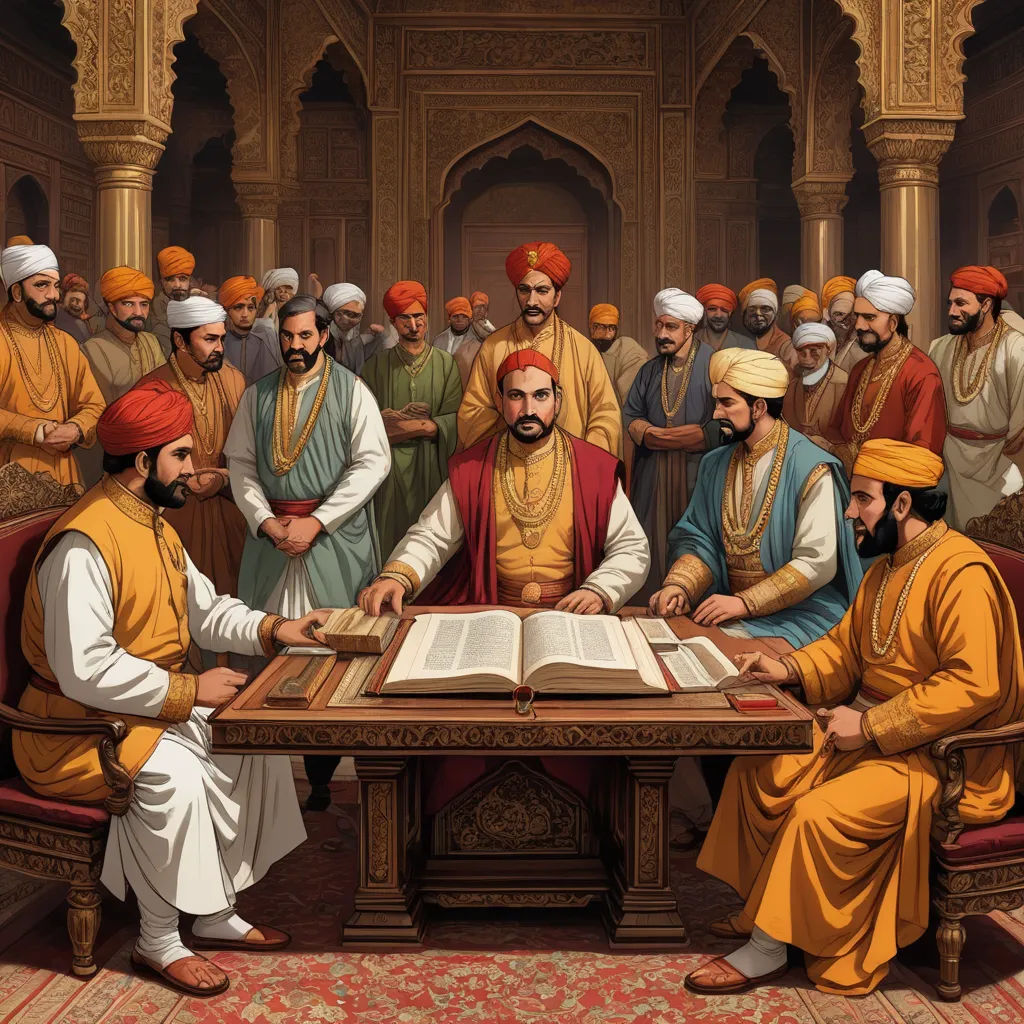 a painting of a group of men sitting around a table with a book on it and a man standing over the table, samikshavad, a detailed painting, Bholekar Srihari, classical painting