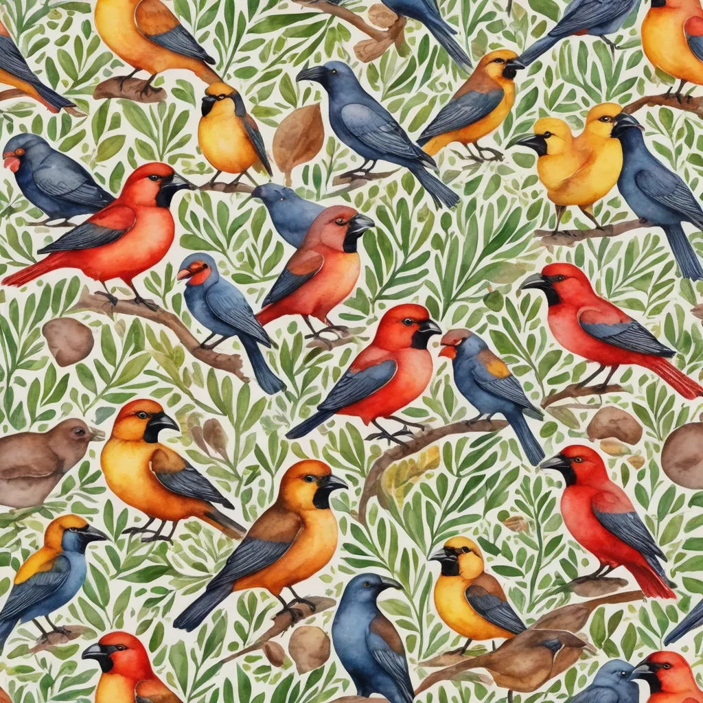 a painting of many different colored birds on a branch with leaves and branches in the background, with a green background, arts and crafts movement, a watercolor painting, Annabel Kidston, in gouache detailed paintings