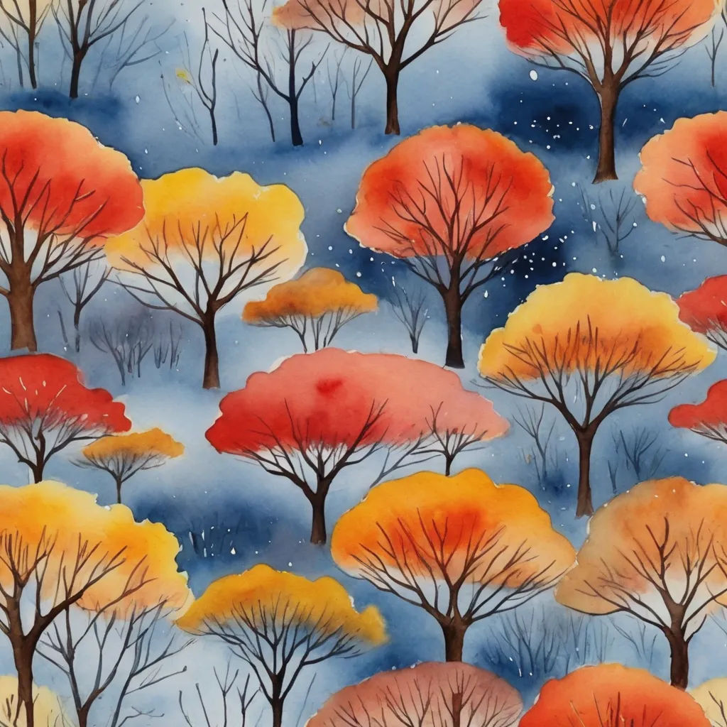 a painting of trees with snow falling on them and falling leaves on them, with a blue sky background, naive art, a watercolor painting, Eyvind Earle, in gouache detailed paintings