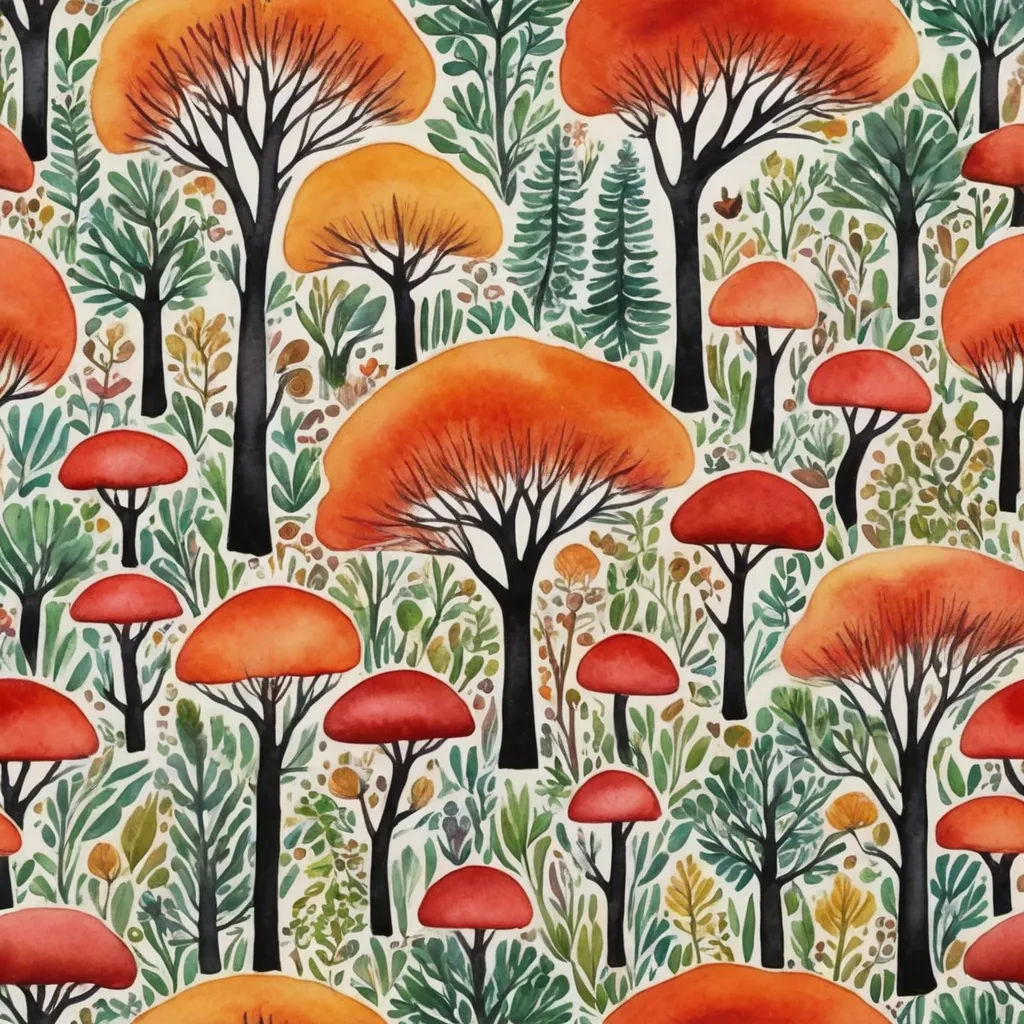 a painting of trees and plants with oranges and browns on a white background with green leaves and red mushrooms, naive art, a watercolor painting, Annabel Kidston, in gouache detailed paintings