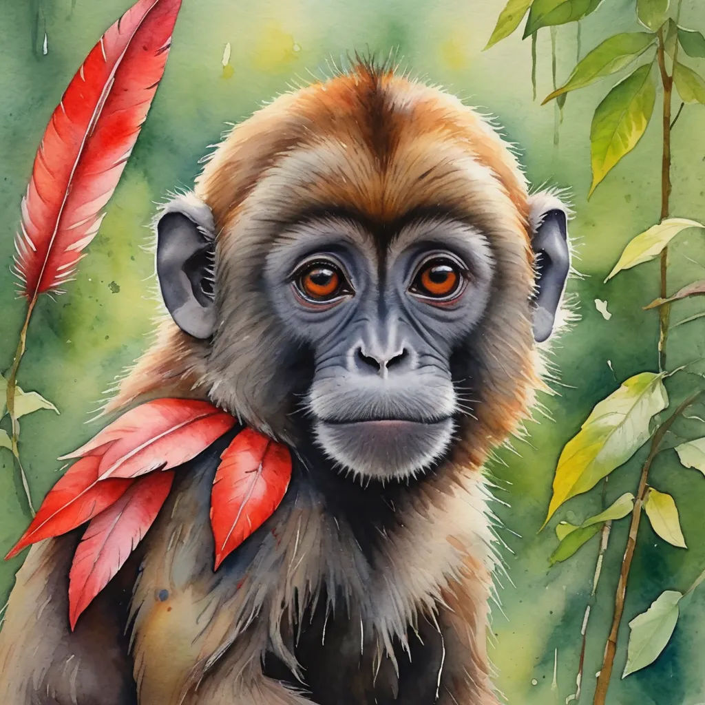 a monkey with a red feather on its neck and a green background with leaves on it's back, figurative art, a watercolor painting, Alex Petruk APe, in gouache detailed paintings