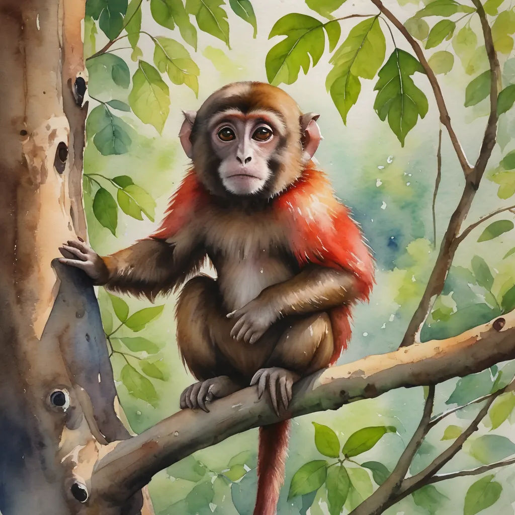 a painting of a monkey sitting on a tree branch with leaves around it's neck and a green background, figurative art, a watercolor painting, Alex Petruk APe, in gouache detailed paintings