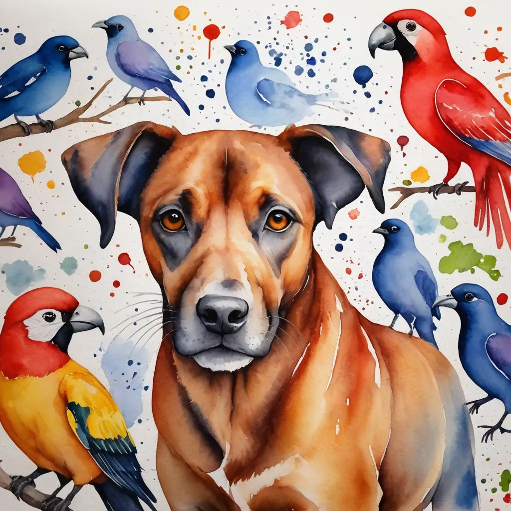 a painting of a dog surrounded by birds and birds on a white background with watercolor spots on it, naive art, a watercolor painting, Carol Sutton, in gouache detailed paintings
