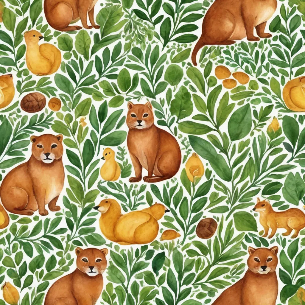 a painting of cats and leaves on a white background with green leaves and leaves on the ground, and a brown cat sitting on the ground, naive art, a storybook illustration, Annabel Kidston, in gouache detailed paintings