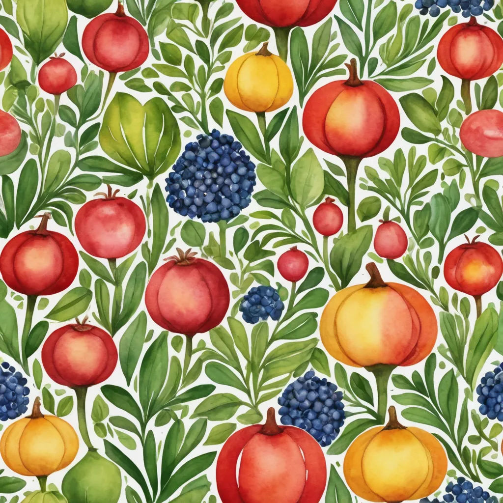 a painting of fruit and leaves on a white background with blueberries, apples, and grapes on it, folk art, a watercolor painting, Annabel Kidston, berries