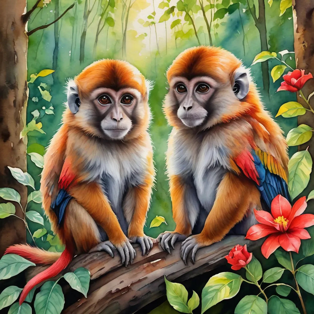 two monkeys sitting on a branch in a forest with flowers and leaves around them, with a bright light shining on the background, figurative art, an airbrush painting, Chris LaBrooy, highly detailed digital painting