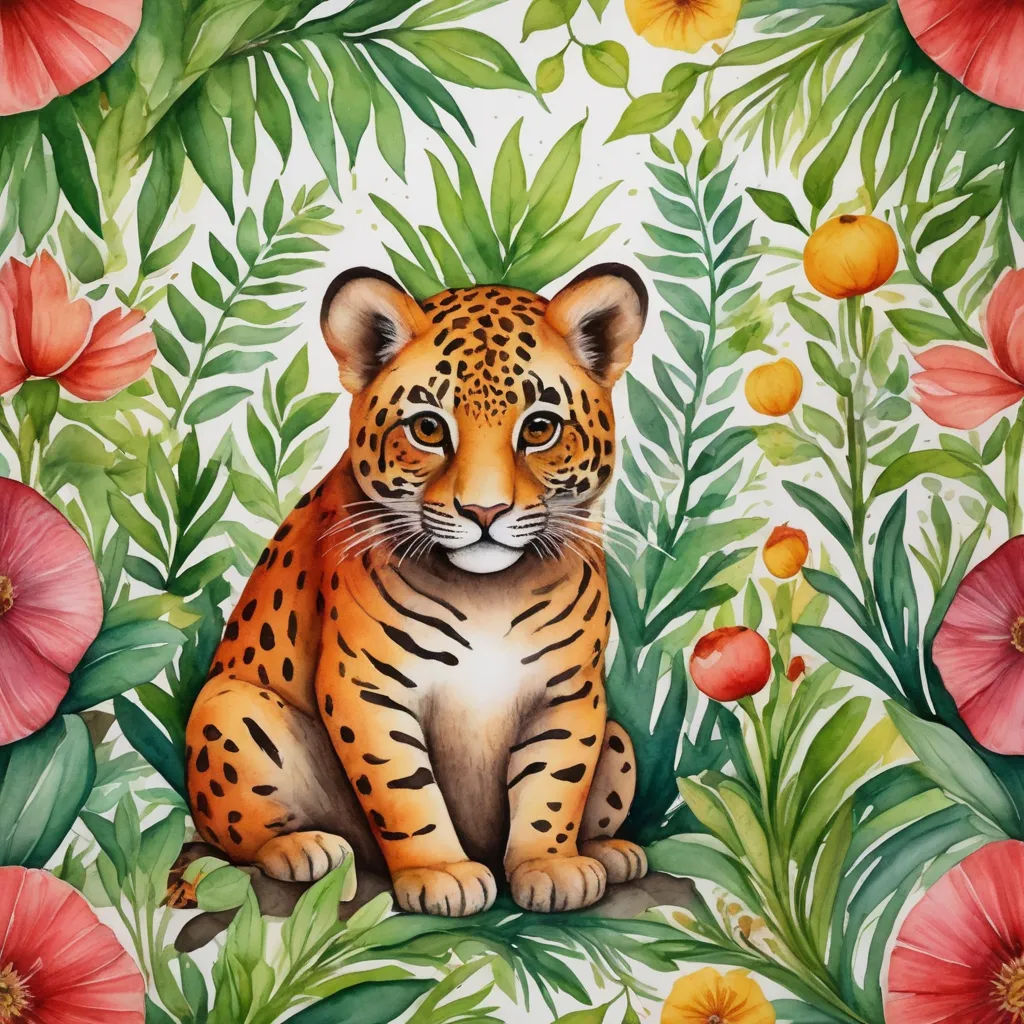 a painting of a tiger sitting in a jungle with flowers and leaves on a white background with red and orange flowers, naive art, a detailed painting, Chris LaBrooy, in gouache detailed paintings