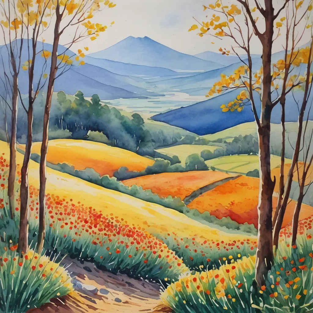 a painting of a landscape with trees and flowers in the foreground and a mountain in the background with a blue sky, american scene painting, a watercolor painting, Alison Kinnaird, landscape